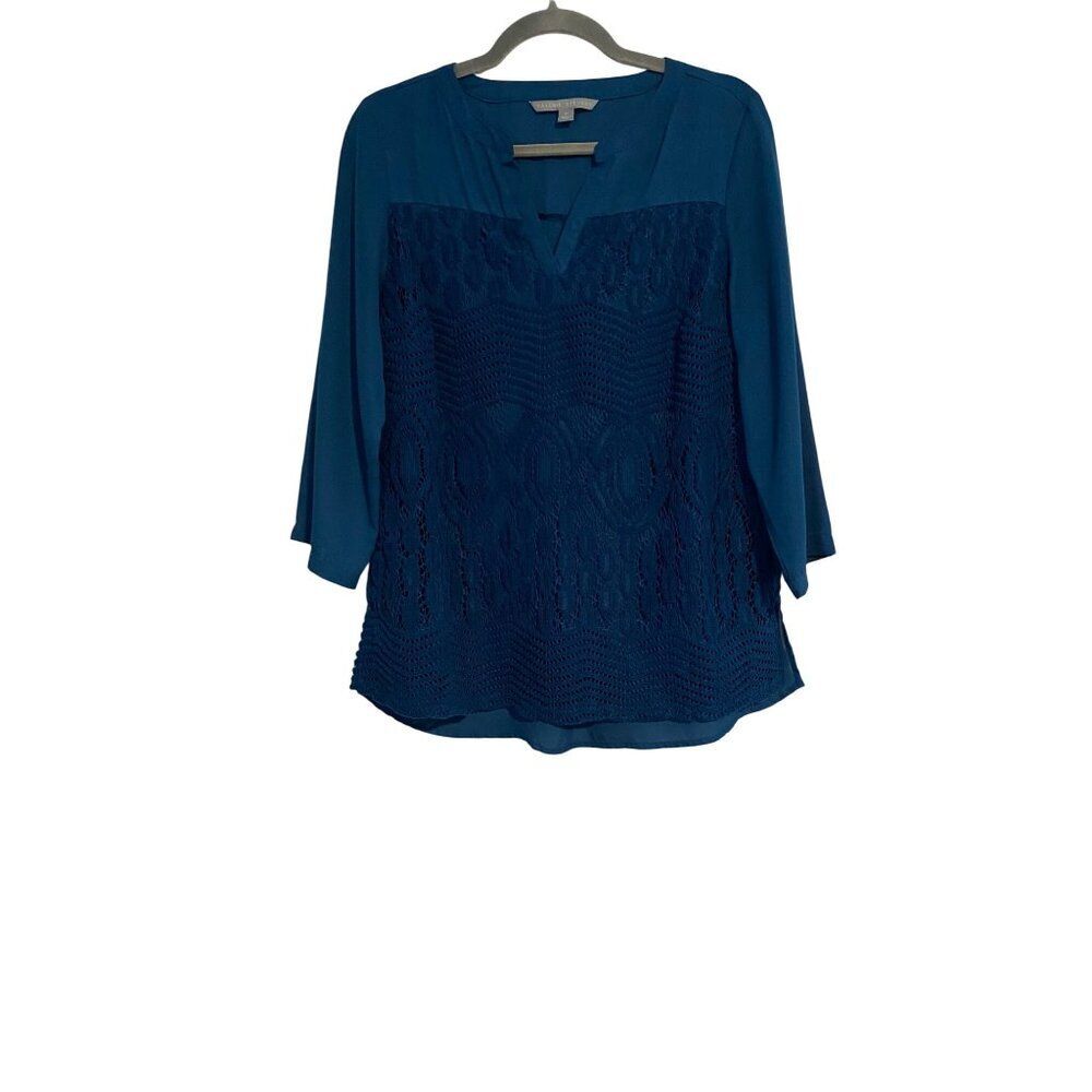 Valerie Stevens Womens Teal Lace & Chiffon Tunic Top 3/4 Sleeves Size M Cottage